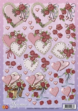 3D Knipvel Yvonne Creations CD10117 Valentijn hartjes/roosje