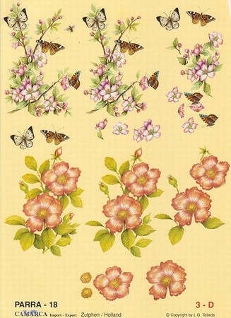A4 Knipvel Parra 18 Bloemtak met vlinders/rozebottel struik