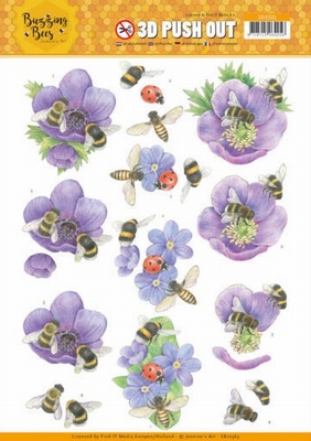 3D Pushout Jeanine's Art SB10365 Buzzing Bees Purple Flowers